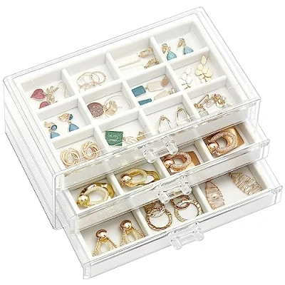 Imagen de Procase Organizador para Joyas de Acrílico, Bandeja con 3 Cajones Exhibición Transparente Pendientes, Collares, Anillos Mujeres y Chicas Blanco Cálido