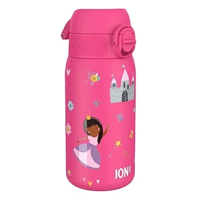 Imagen de Ion8 Botella Agua Acero Inoxidable para Niños, 400ml, a Prueba de Fugas, Fácil Abrir, Cerradura Segura, Apta Lavavajillas, Tapa Abatible, Asa Transporte, Limpiar, Diseño Princesas
