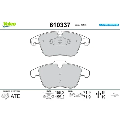Imagen de Valeo E PERFORMANCE, Pastillas de freno, 610337, Sef 4 pastillas, Eje delantero, Totalmente equipadas con accesorios montados y no montados, Valeo, Experto en frenado desde 1923