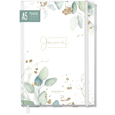 Imagen de paper&amp;you® Bullet Journal a puntos A5 con banda elástica [pan de oro] 156 páginas cuaderno punteado, diario sostenible &amp; climáticamente neutro