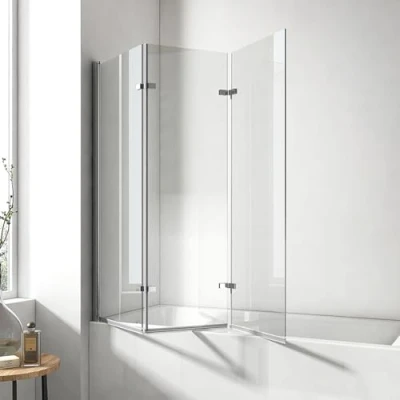 Imagen de EMKE mampara de ducha para bañera 120 x 140 cm, accesorio 3 piezas, plegable, bañera, pared plegable 6 mm, cristal seguridad