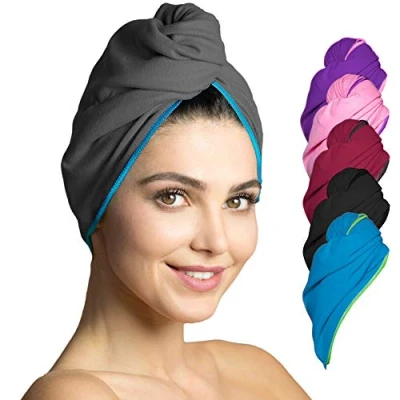Imagen de Fit Flip Toalla Turbante para el Secado rápido de Cabello, Toallas Microfibra Ultra Absorbente Pelo, con botón 1 Pieza Gris Oscuro Borde azúl
