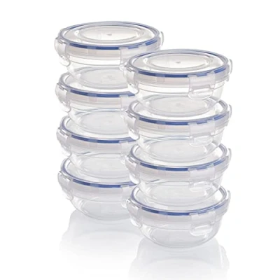 Imagen de Grizzly juego de recipientes plástico para almacenamiento alimentos, 8 con tapa, planos, redondos, apilables, aptos microondas y lavavajillas