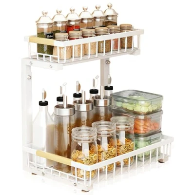 Imagen de LeapBeast Organizador Cocina 2 Niveles,Ajustable Bajo Fregadero,Metal Fregadero,Almacenaje Debajo Fregadero Multiusos para Cocina,Baño,Dormitorio (1, Blanco)