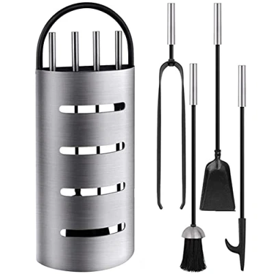 Imagen de Amagabeli Utensilios de chimenea Juego 4 accesorios Conjunto herramientas Hierro Forjado Plata Pinzas fuego para