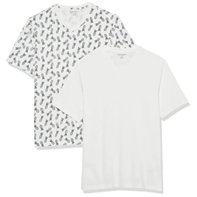 Imagen de Amazon Essentials Camiseta de manga corta, cuello pico, corte recto (disponible en tallas grandes y largos especiales) Hombre, Pack 2, Blanco/Estampado Piñas, S