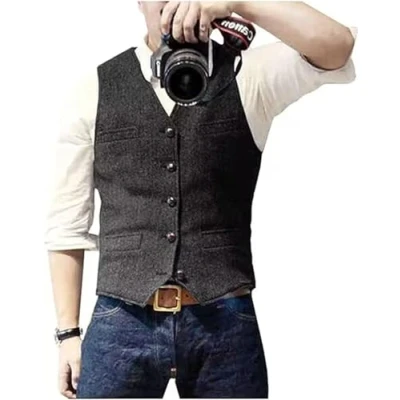 Imagen de Solovedress Traje de espiga lana casual para hombre, chaleco con cuello en V, tweed novios boda, Negro , L