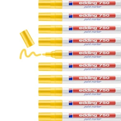 Imagen de edding 750 marcador de tinta opaca amarillo 1 rotulador punta redonda 2 4 mm para metal, vidrio, piedras o plástico resistente al calor, permanente, no mancha, impermeable