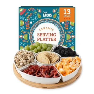 Imagen de Chef Tacos Bandejas para Servir Comida Bandeja Cocina Cerámica Giratoria Madera Tapas y Aperitivos Fuente Patatas Fritas Aceitunas Salsas (33 cm)