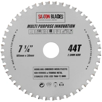 Imagen de TCT18544TMPT Saxton TCT Hoja de sierra circular multiusos (185 mm x 44 dientes, para madera y metal, compatible con Bosch, Dewalt, Ryobi, Makita, etc