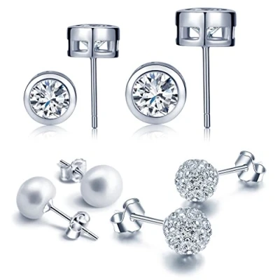Imagen de Yumilok Juego de Joyas Set 4 pares Pendientes básicos circulares para Mujeres Chicas con Circonitas, plata ley 925 cristales, Perlas