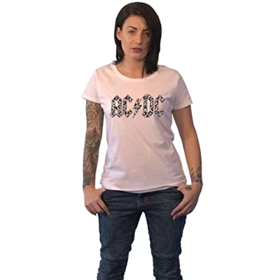 Imagen de AC/DC Camiseta Mono Leopard Print Band Logo Nue oficialmente para mujer, color Blanco, L