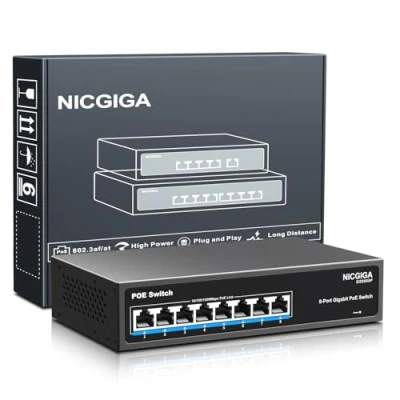 Imagen de conmutador PoE Gigabit de 8 Puertos no administrado, PoE+ a 120 W, 802.3af/at, alimentación través Ethernet Red NICGIGA y 1000 Mps, sin Ventilador.