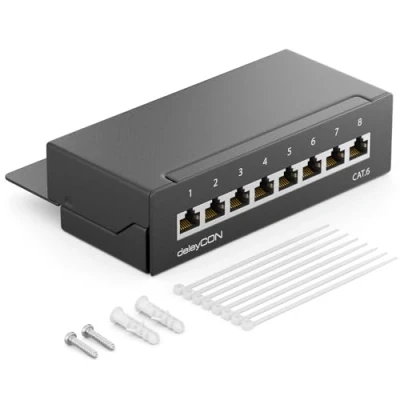 Imagen de deleyCON CAT6 Patch Panel El de Corrección 8 Puertos Escritorio y Montaje en Pared Blindado Enchufe 8x RJ45 TIA568A TIA568B Negro