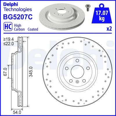 Imagen de DELPHI Disco de freno MERCEDES BENZ: Clase ML, GL 345mm 22mm 5 ventilado, perforado revestido altamente carbonizado BG5207C 1664230312,A1664230312
