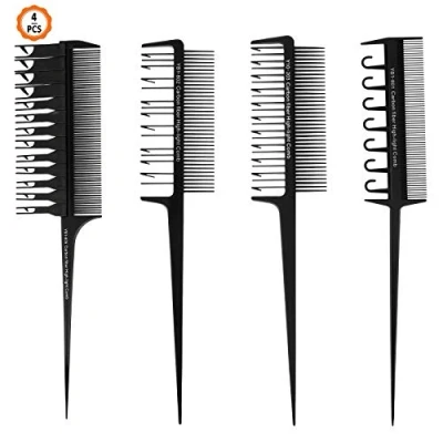 Imagen de Jubaopen 4PCS Cepillo para Teñir Set Peine Peluquería Profesional Peines de Tinta Incluye Cola Rata Burla Resaltado con 24 accesorios Peluquería(4 Tipos, Negro)