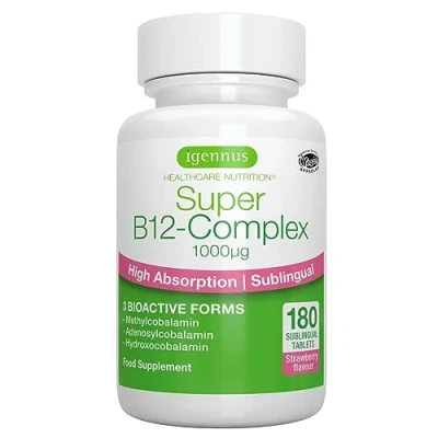 Imagen de Vitamina B12 1000 mcg de Alta Absorción, Sublingual, 180 Pequeños Comprimidos Veganos, Como Metilcobalamina, Sabor a Fresa, Igennus