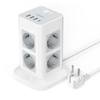Imagen de TESSAN Regletas Enchufes Proteccion Sobretension 8 Tomas, Regleta Enchufe con 3 USB A y C, Torre Vertical Interruptor, Alargador 2 Metros, Ladron 3600W