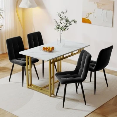 Imagen de Moimhear juego de mesa comedor con 4 sillas blancas 120 x 70 cm, terciopelo, patas hierro dorado (negro)