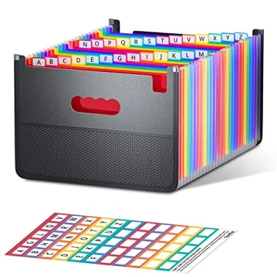 Imagen de carpeta expansible ThinkTex de 26 bolsillos, vertical y abierta, con pestañas colores la a Z, acordeón gran capacidad, material para profesores