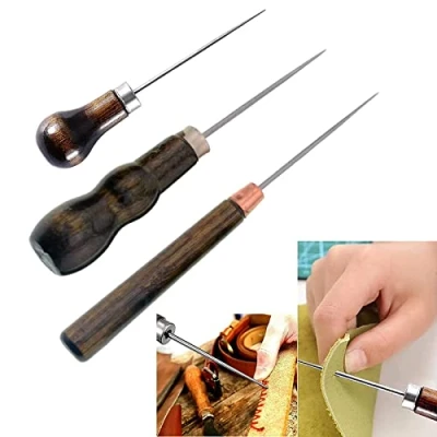 Imagen de 3 Piezas Punzón Madera de Cuero, con Mango Madera, Costura, Aguja Artesanal para Coser Cuero Hecho a Mano, Bricolaje, Formas