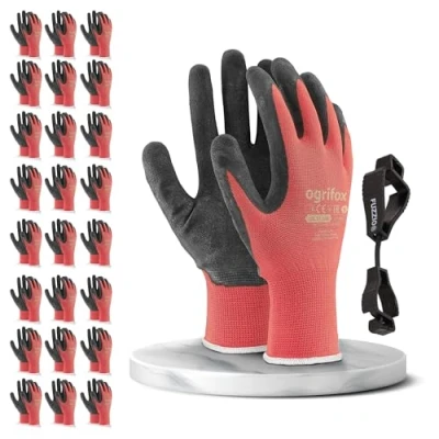 Imagen de FUZZIO 24 pares de guantes trabajo recubiertos y porta clip para (XL 10, Rojo)