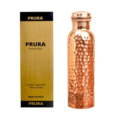 Imagen de PRURA botella de agua cobre martillado, con tapa, recipiente cobre, ayurvédico, para beber más, grande, a prueba