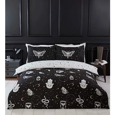 Imagen de Rapport Home Gothic Magic Juego de Funda edredón Microfibra para Cama Doble, diseño Halloween, Reversible con constelación, Color Negro