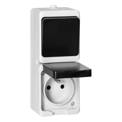 Imagen de Miratic Enchufe Pared IP54 Superficie Blanco y Negro Francés Tipo E 2P+T Alta Resistencia Seguridad (Enchufe con interruptor)