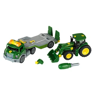 Imagen de Theo Klein 3908 Camión transportador con Tractor John Deere, Kit de atornillado Que Incluye Destornillador, Dimensiones: 36 cm x 10,50 17 cm, Juguetes para niños a Partir 3 años