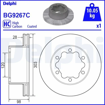 Imagen de DELPHI BG9267C Disco de freno 303 28 6 ventilado revestido altamente carbonizado sin cojinete rueda, anillo sensor ABS VOLKSWAGEN: Crafter Furgón