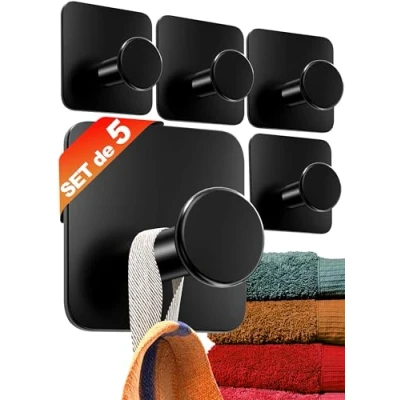 Imagen de 4smile colgador toalla baño sin taladro 5 set Ganchos adhesivos para pared diseño moderno colgadores resistentes negros perchas adhesivas fuertes