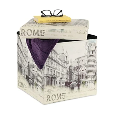 Imagen de Relaxdays Taburete con Almacenaje, Reposapiés Sofá Plegable, Vintage, Diseño Roma, Acolchado, 38x37,5x37,5 cm, Blanco, Tablero de Fibras