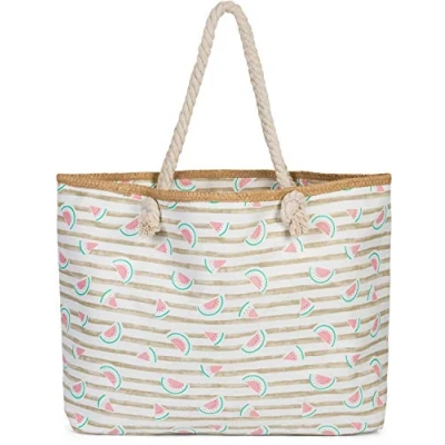 Imagen de styleBREAKER Bolso para la Playa XXL de Mujer con Estampado Rayas y frutal sandías, Cremallera, Hombro, Compras 02012287, Color:Gris Pardo Blanco