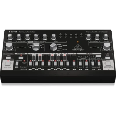 Imagen de Sintetizador de línea bajo analógico Behringer TD 3 BK con VCO, VCF, secuenciador 16 pasos, efectos distorsión y cadena polivinílica voces