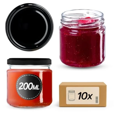 Imagen de KADAX Tarros Pequeños de 200 ml, Botes Cristal con Tapa Hermética 66 mm para Miel, Conservas, Especias y Mermeladas (10 Unidades, Negro)