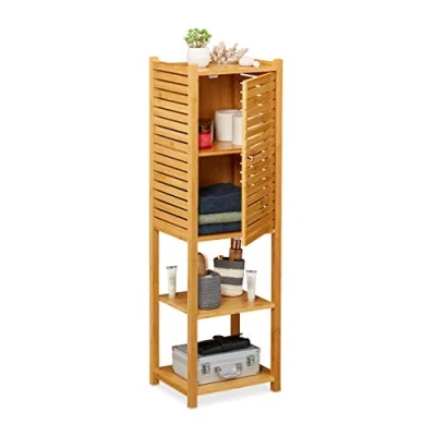 Imagen de Relaxdays Estantería de baño, Cinco baldas, con Puerta, Mueble Auxiliar Estrecho, Bambú, 113 x 35 29 cm, 1 Ud., Marrón