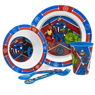 Imagen de Set vajilla infantil reutilizable apta para microondas compuesta por vaso, plato, cuenco y cubiertos de Los Vengadores Avengers