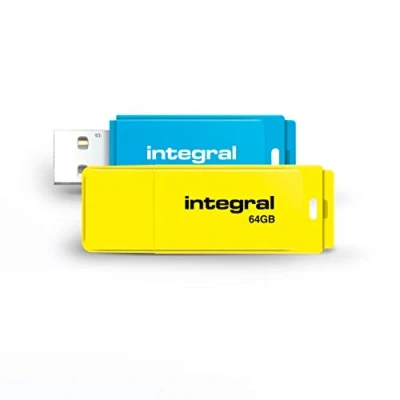 Imagen de Integral 64GB Neon USB 2.0 Flash Drive Paquete de 2 (Azul/Amarillo)