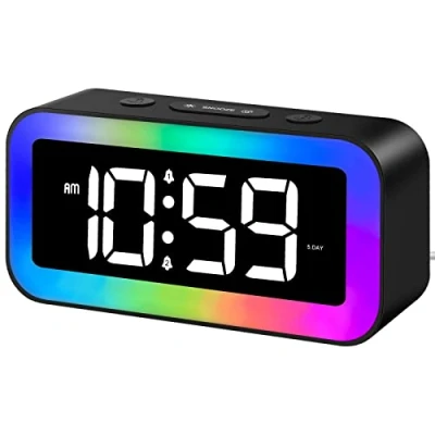Imagen de Reloj Despertador Digital, Despertadores Digitales Infantil con Luz RGB, Mesita De Noche para Niños Adultos, Alarma Doble, Snooze, Brillo Regulable, Sonido Inteligente Activación, 12/24H