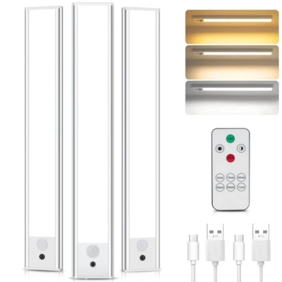 Imagen de TOPPLEE Luz de Armario, 3 Piezas Nocturna con Control Remoto, 3000K 6500K Regulable Lampara LED Sensor Movimiento, USB Recargable Armario para Gabinete, Cocina, Escalera (3 31CM)