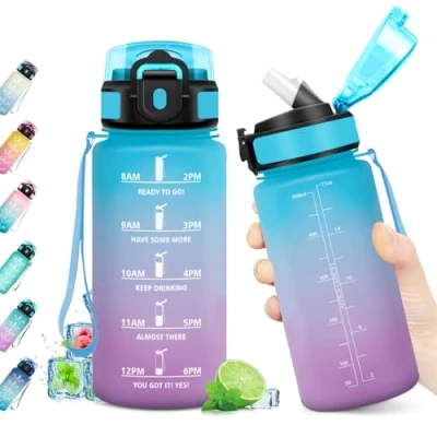 Imagen de Botella Agua 500ml, Cantimplora con Marca de Tiempo, Pajita, Reutilizable y sin BPA, Gimnasio, Motivacional para Escuela, Oficina, Cámping, Running, Bicicleta