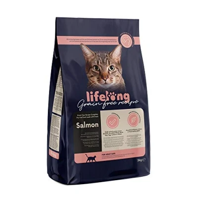 Imagen de Marca Amazon Lifelong Alimento seco para gatos adultos con salmón fresco, receta sin cereales 3 kg (Paquete de 1)