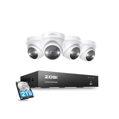 Imagen de ZOSI 4K 8CH Kit de Cámara Seguridad PoE, 4pcs 8MP Vigilancia IP H.265+ PoE NVR con 2TB HDD, Visión Nocturna, Detección Personas