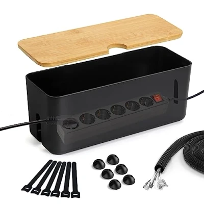 Imagen de Lannvan Caja Organizadora de Cables con Tapa Bambú, para Ocultar y Recoger Regletas Mesa Escritorio Negro