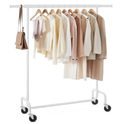 Imagen de SONGMICS Burro Ropa con Ruedas, Perchero Extensible Carga Pesada, Capacidad de 130 kg, Fácil Montar, Portátil, Blanco Mate HSR011W01
