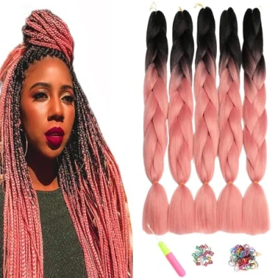 Imagen de ShowJarlly 5 Piezas Kanekalon Extensiones Pelo Africanas Trenzas, 24&quot; Sintetico Trenzas de Trenzado Cabello Para Ganchillo Negro/rosa