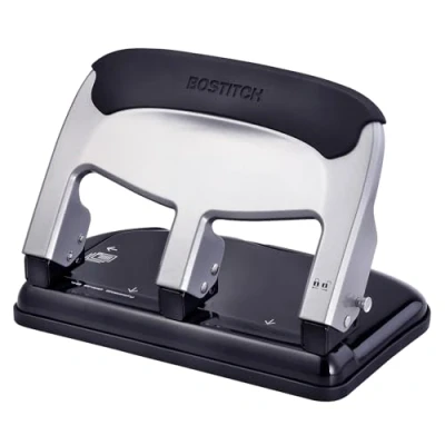 Imagen de Bostitch Office EZ Squeeze Perforadora resistente de 3 agujeros, capacidad 40 hojas, utiliza menos fuerza, perfecta para suministros escolares oficina en casa, diseño elegante, color plateado