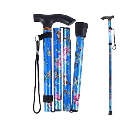 Imagen de ZHjuju Bastones Plegables para Mayores, Bastón Plegable Ajustable de Aluminio Floral AzulBastón Mujer Mayores Extensible hogar y Viaje