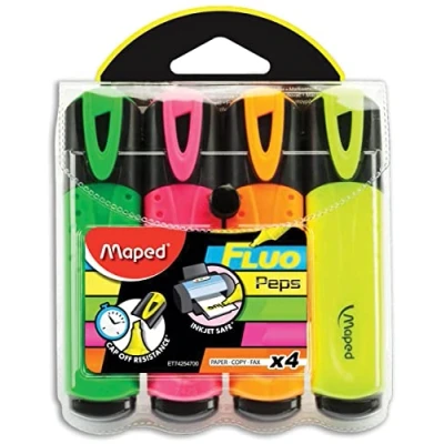 Imagen de Maped Material Escolar Subrayador Classic 4 Subrayadores de Colores Verde, Rosa, Naranja y Amarillo Punta Biselada Trazo 1 a 5 mm Tapón Presión